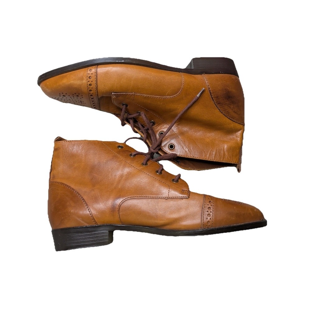 Calico Tan Leather Brogue Ankle Boots Women's Size 8M Lace Up Wingtip Detail - Picture 4 of 5